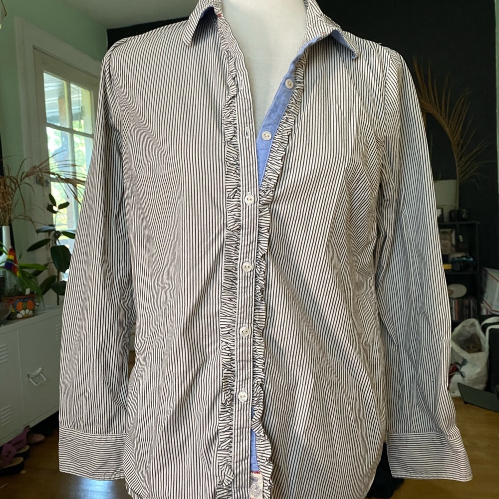 Tommy Hilfiger Button Down Striped Ruffle Top M